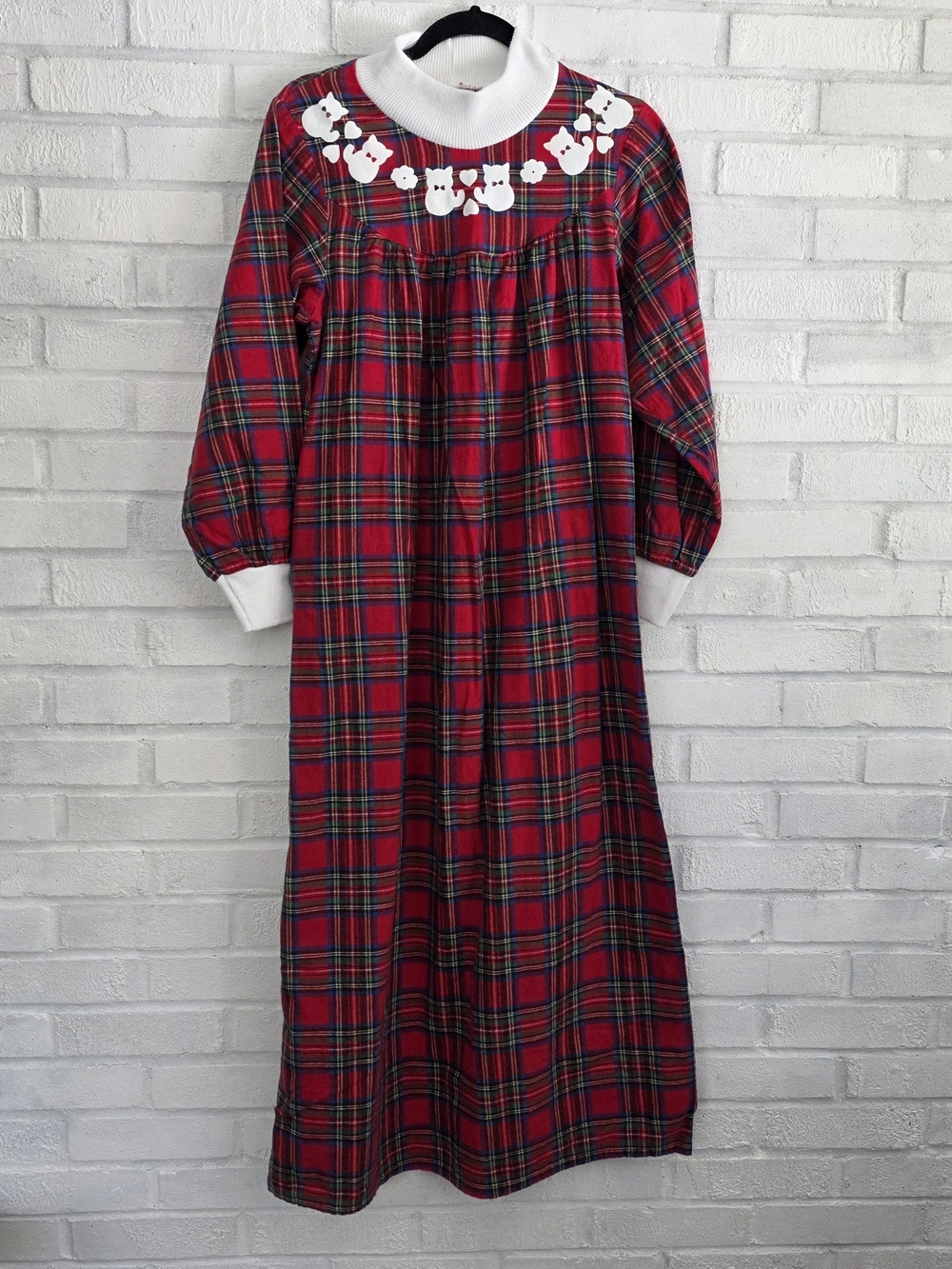 Vintage Adonna Leisurewear Red Plaid Nightgown White Kitten Collar XS Cotton